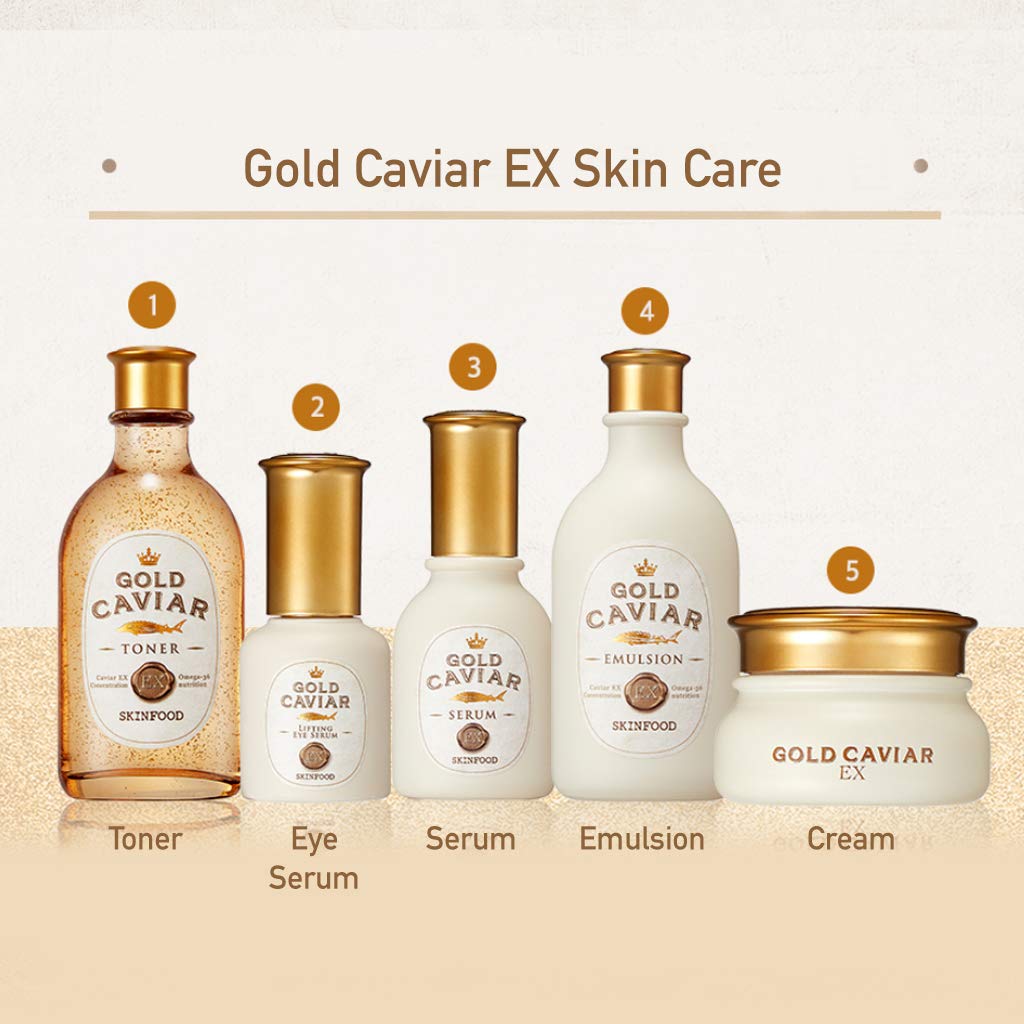 SKINFOOD Gold Caviar EX skincare routine order with eye serum after toner - English Amazon panel