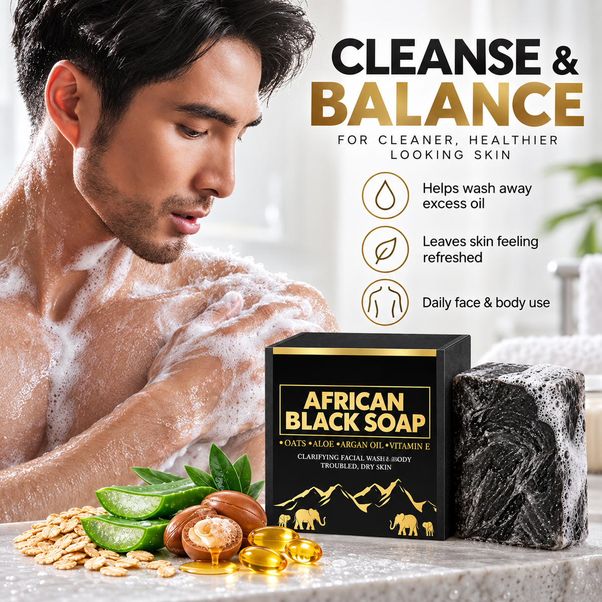 African Black Soap Bar for Face & Body