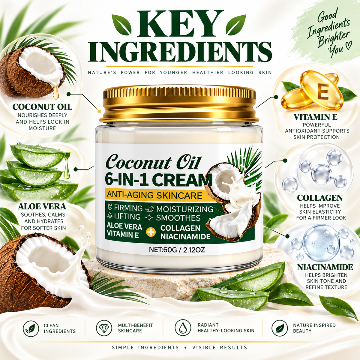 Coconut Oil Face Moisturizer 6-in-1 With Collagen & Niacinamide