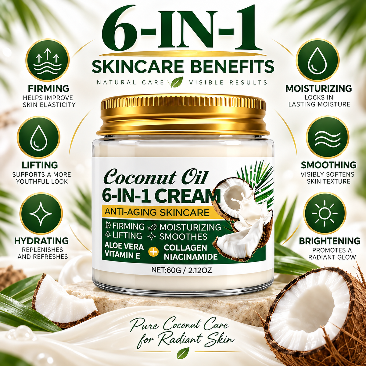 Coconut Oil Face Moisturizer 6-in-1 With Collagen & Niacinamide
