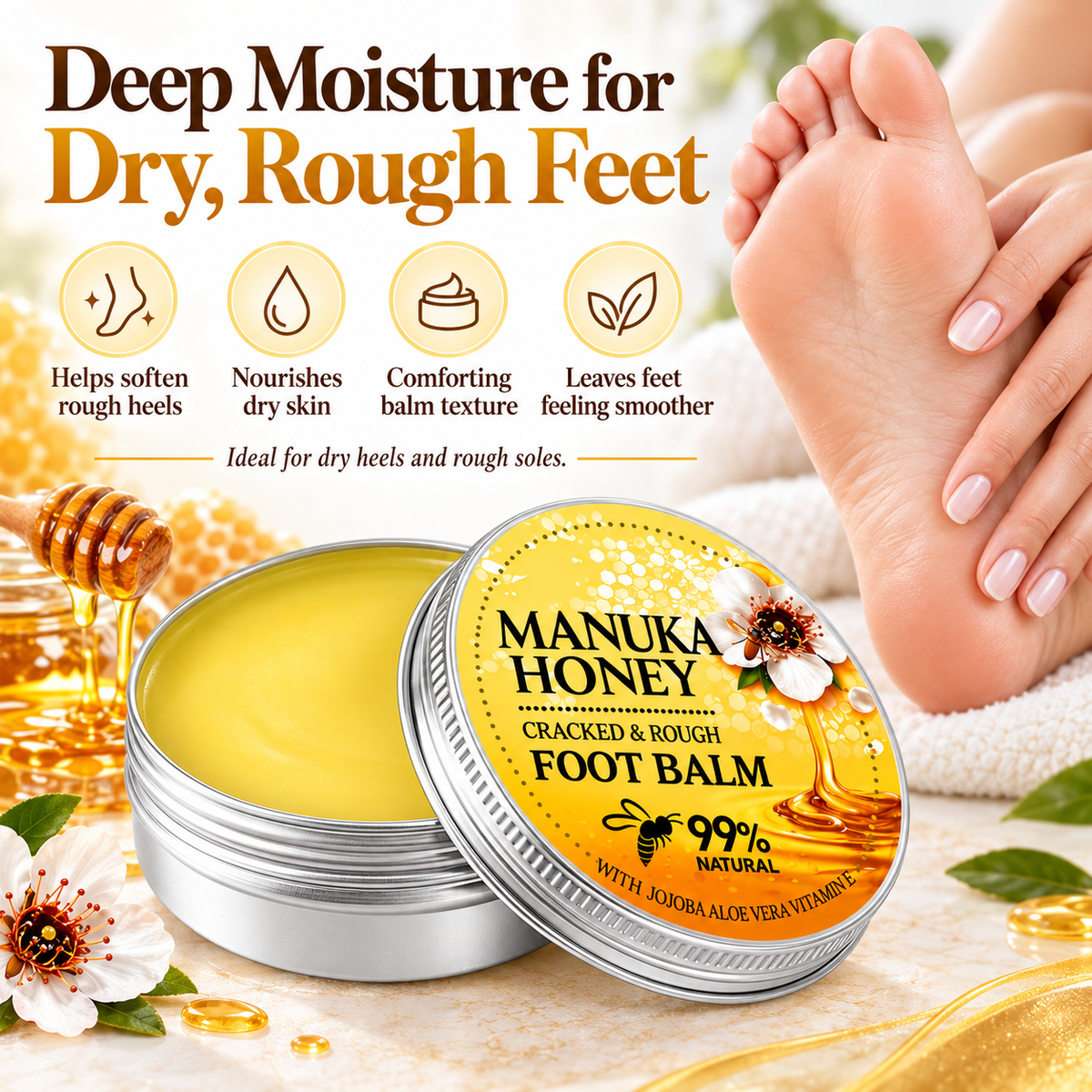 Manuka Honey Foot Balm for Dry Cracked Heels & Rough Feet