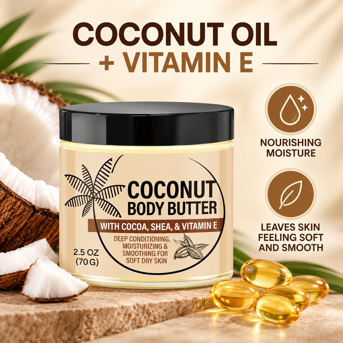 Coconut Body Butter for Dry Skin with Shea & Cocoa Butter