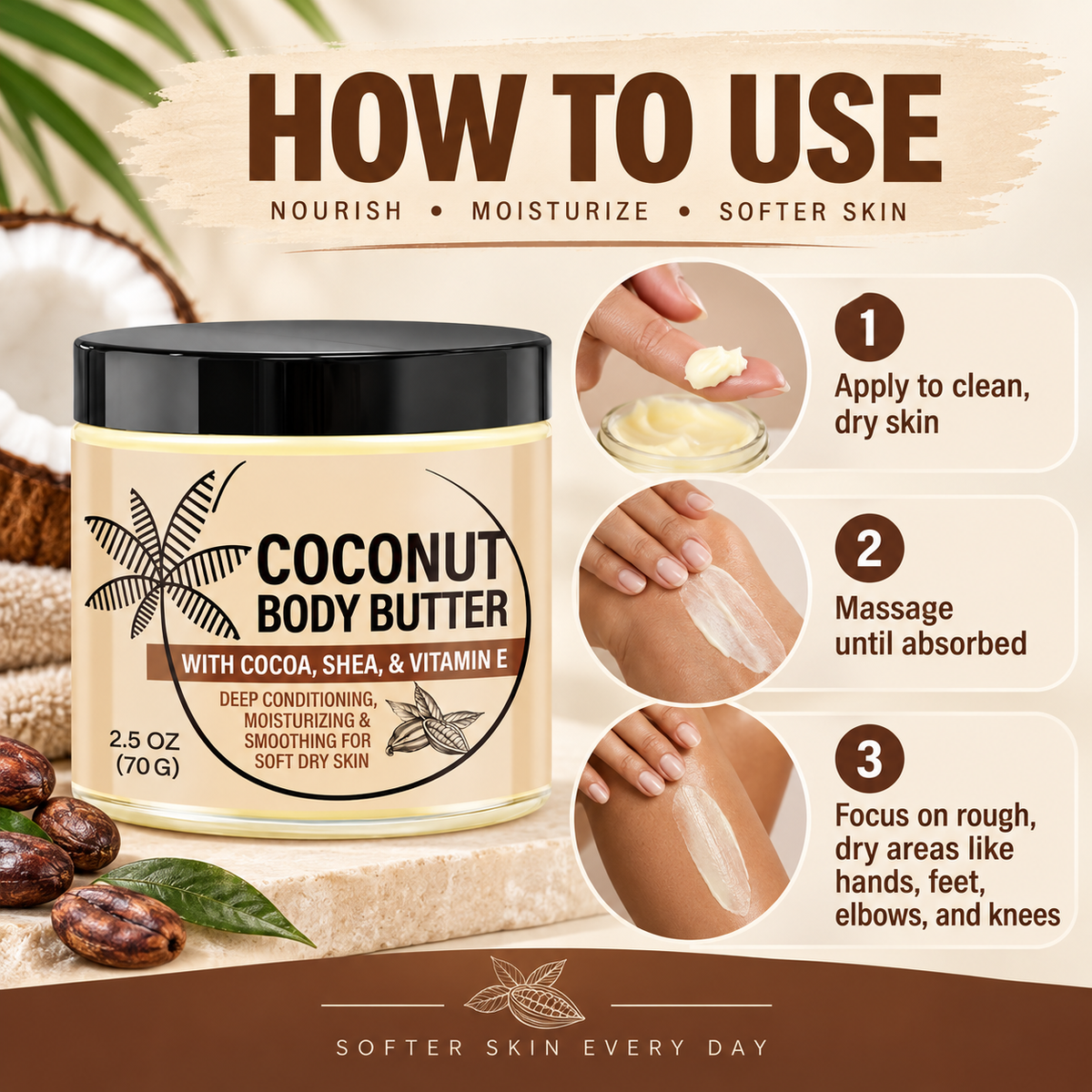 Coconut Body Butter for Dry Skin with Shea & Cocoa Butter