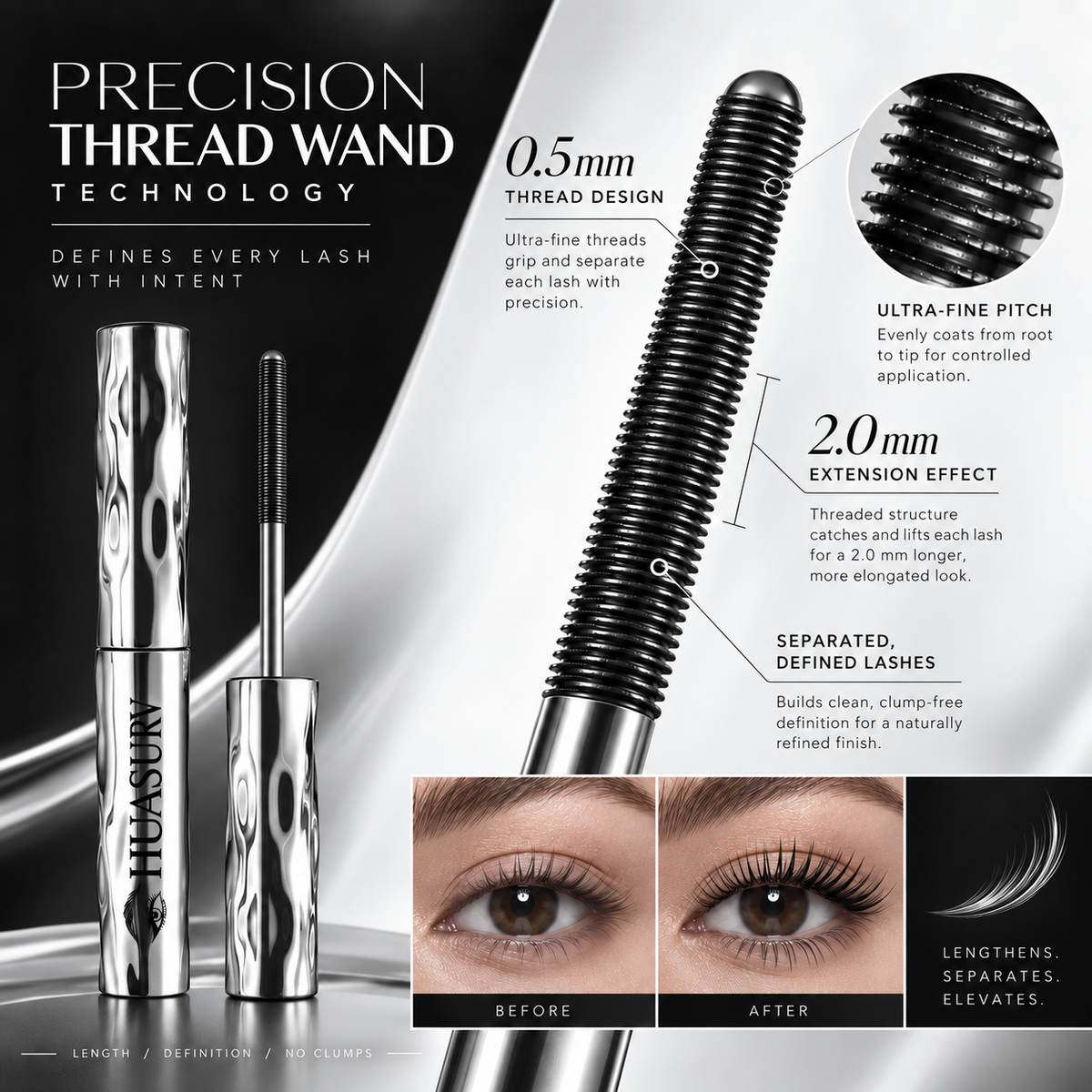 HUASURV Steel Tube Waterproof Mascara for Volume and Length