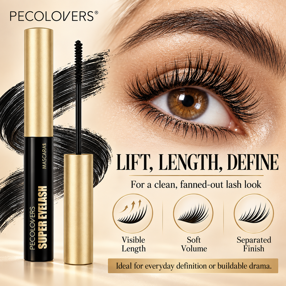 PECOLOVERS Super Eyelash Mascara, Waterproof Volume & Length