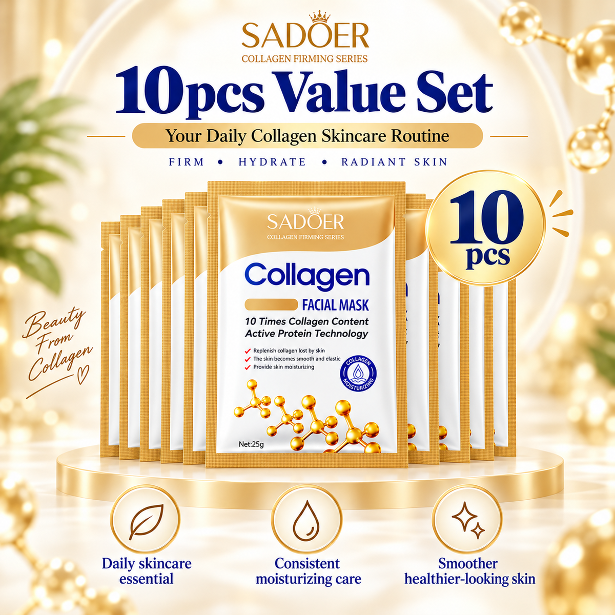 SADOER Collagen Face Mask 10 Pack Hydrating & Anti-Aging Care