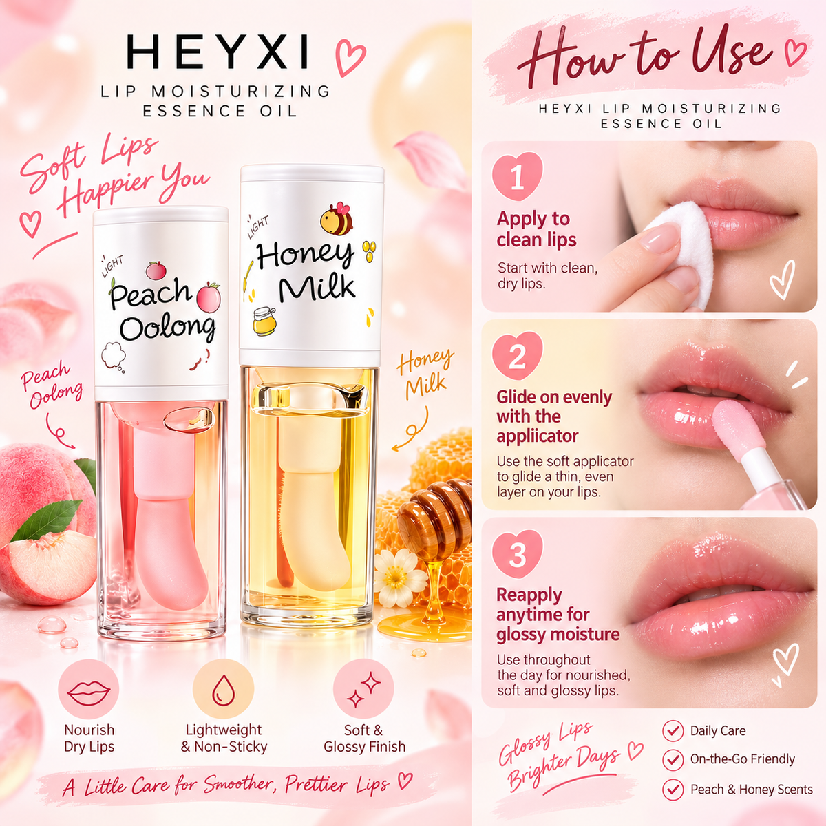 HEYXI Moisturizing Lip Oil Gloss for Dry Chapped Lips, 5 mL