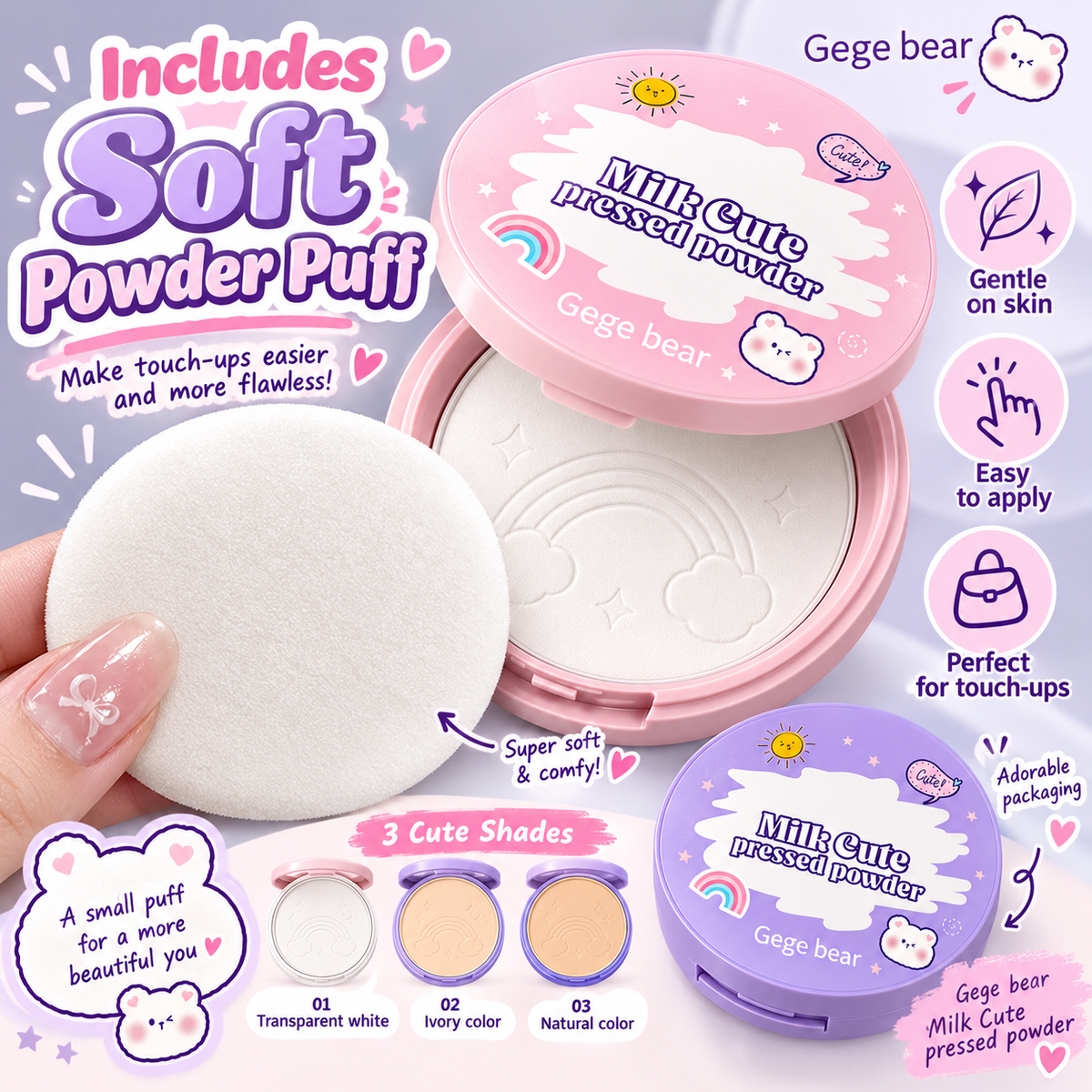 Gege Bear Milk Cute Pressed Powder for Oil Control