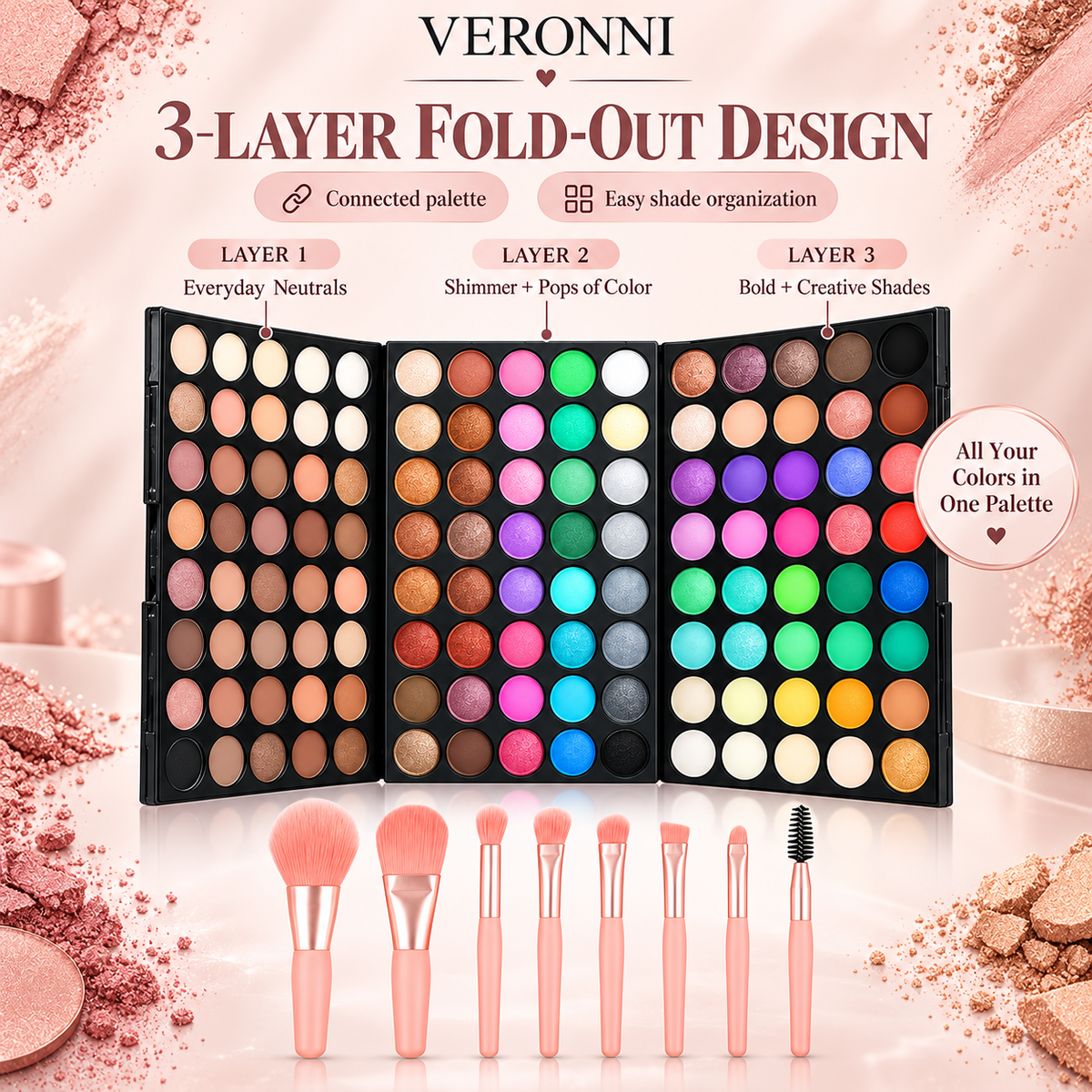 VERONNI 120 Color Matte Shimmer Eyeshadow Palette with Brushes