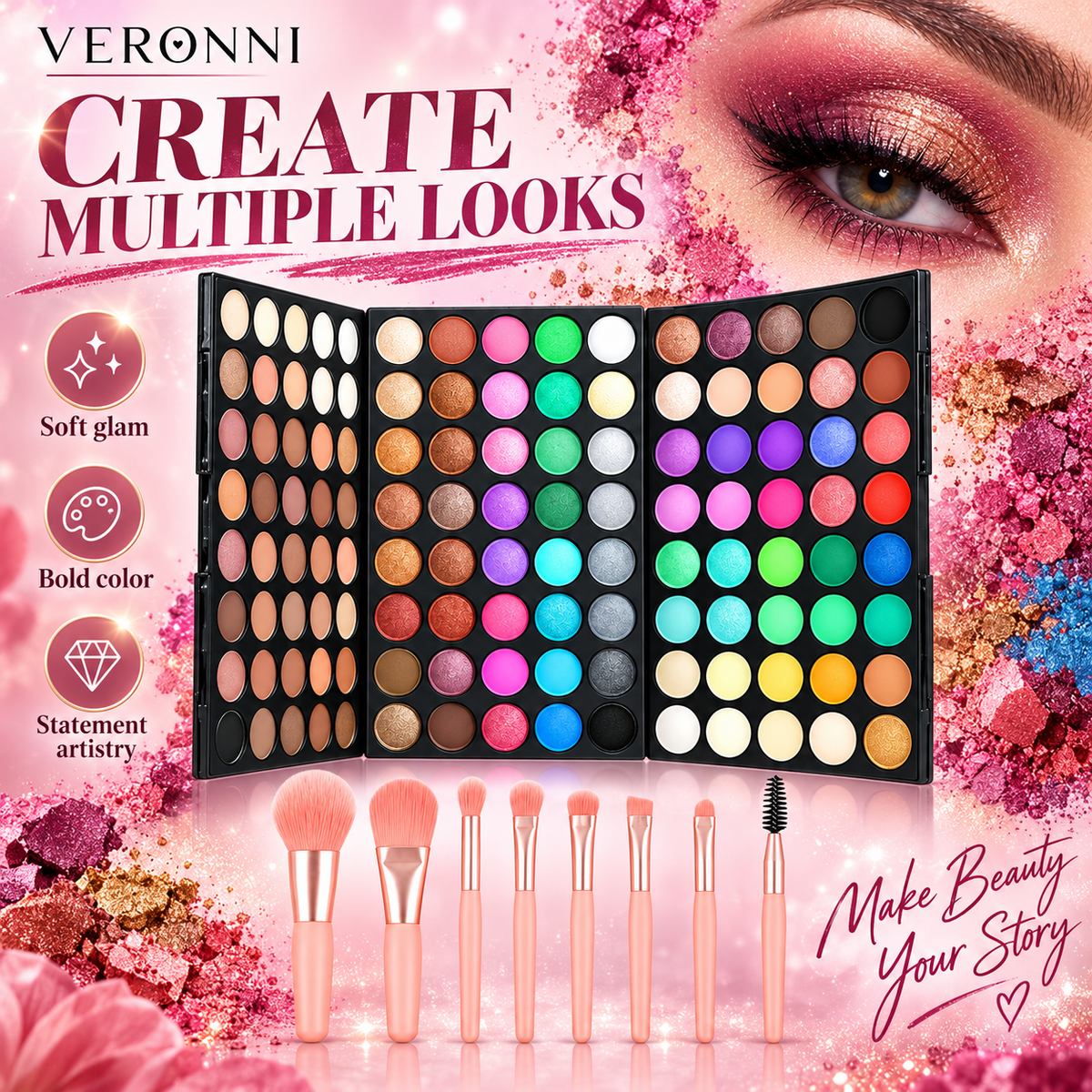 VERONNI 120 Color Matte Shimmer Eyeshadow Palette with Brushes