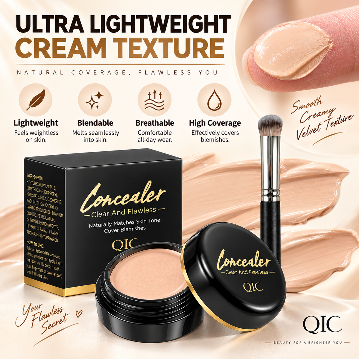 QIC Concealer, Waterproof Full Coverage Cream Concealer