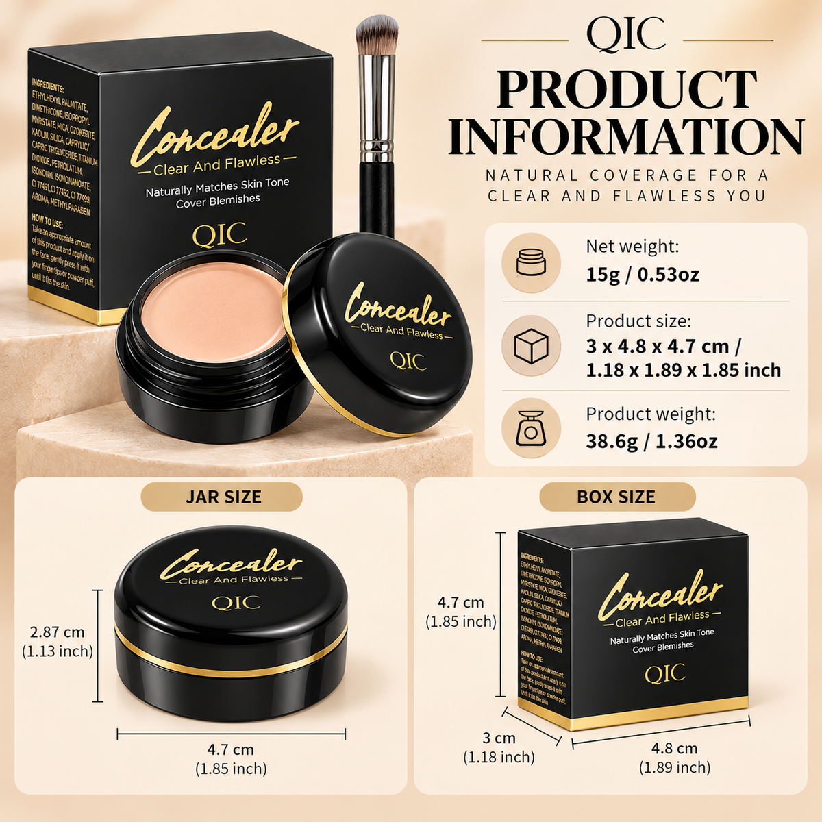 QIC Concealer, Waterproof Full Coverage Cream Concealer