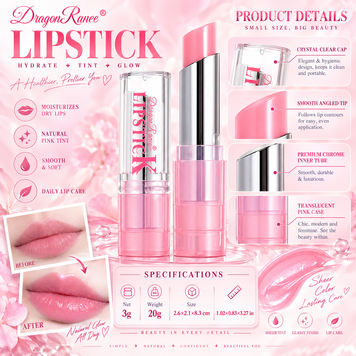 Dragon Ranee Lipstick with Sheer Pink Tint & Glossy Finish
