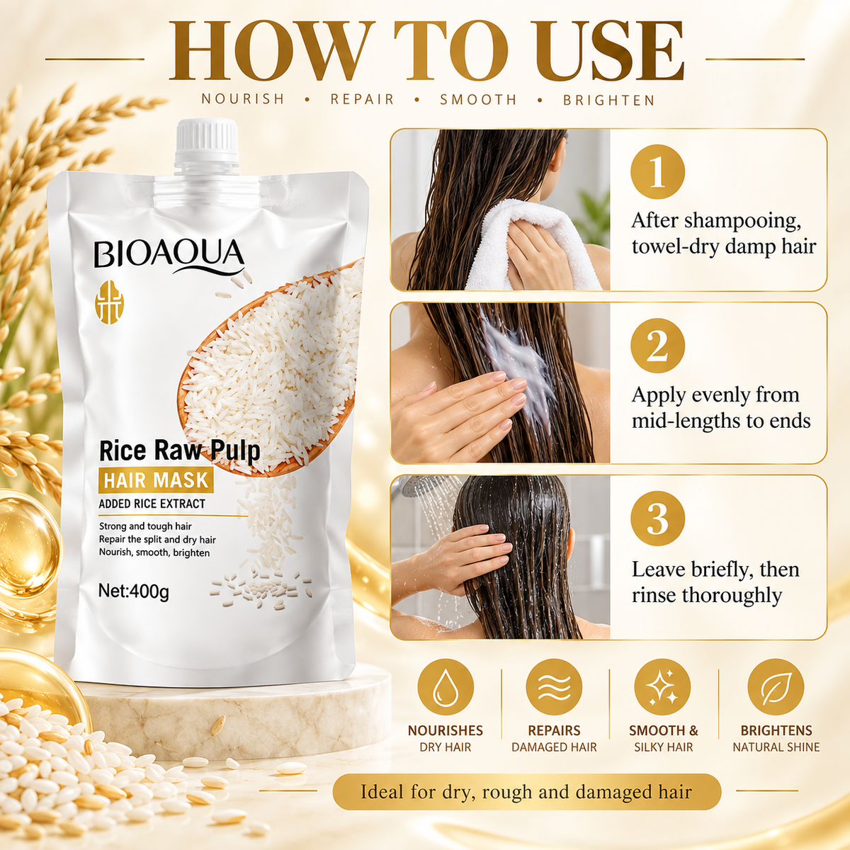 BIOAQUA Rice Raw Pulp Hair Mask for Dry Damaged Hair