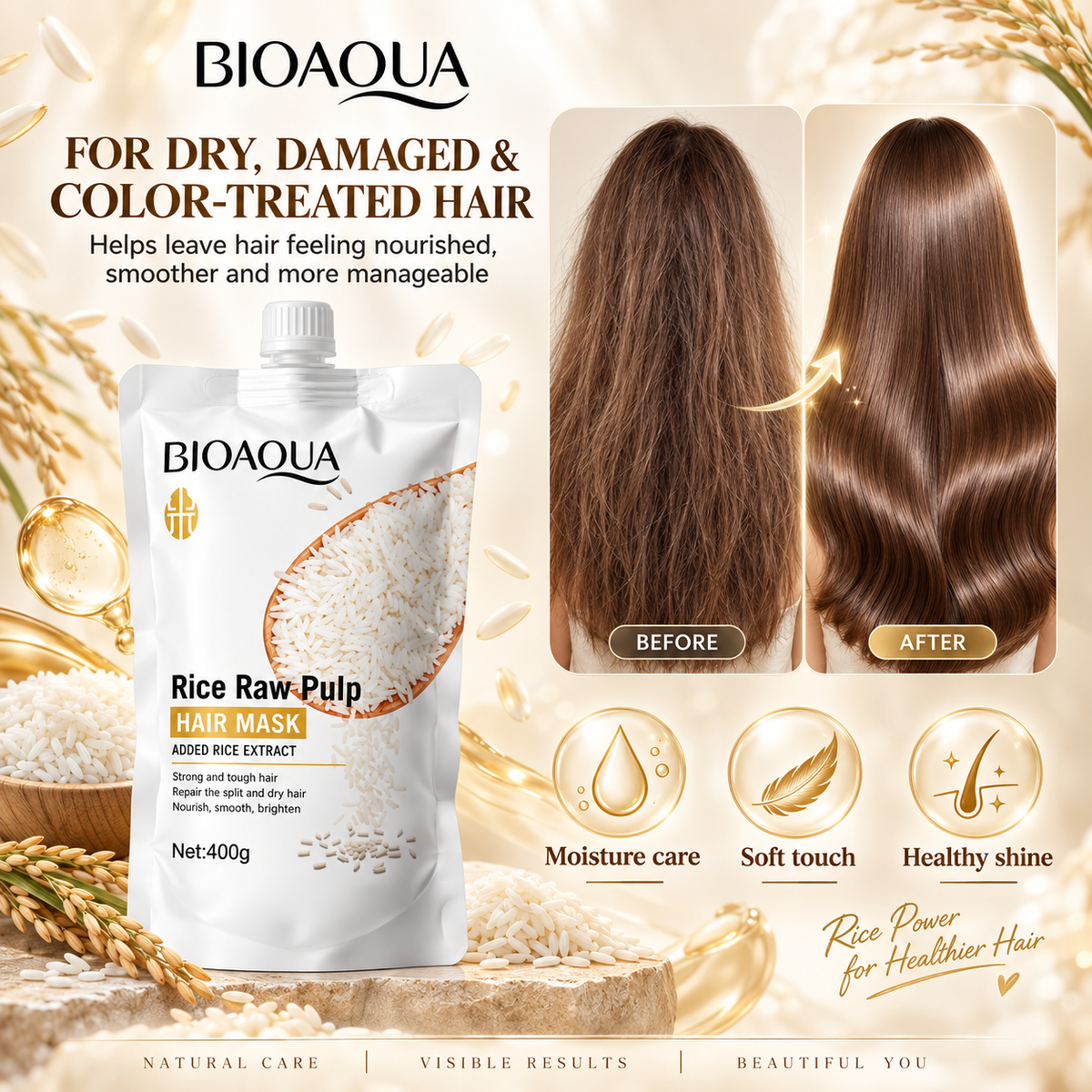 BIOAQUA Rice Raw Pulp Hair Mask for Dry Damaged Hair