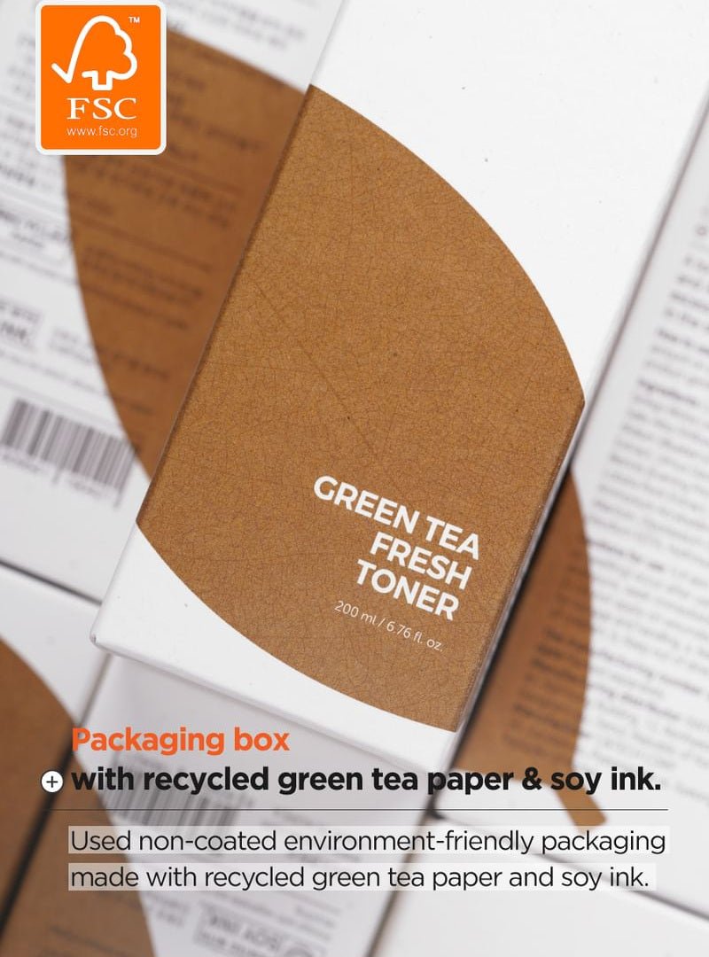 Isntree Green Tea Fresh Toner 200mL recycled paper soy ink packaging