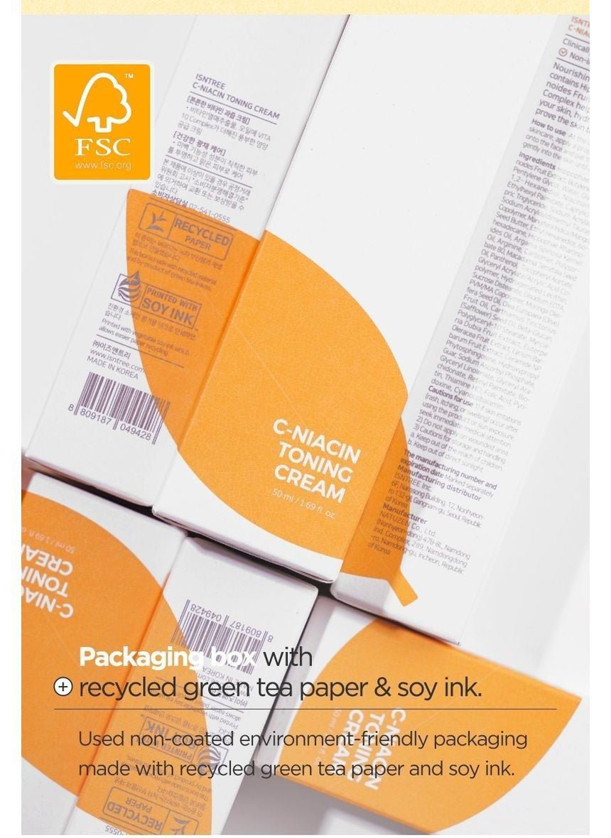 Isntree C-Niacin Toning Cream 50mL recycled paper and soy ink packaging
