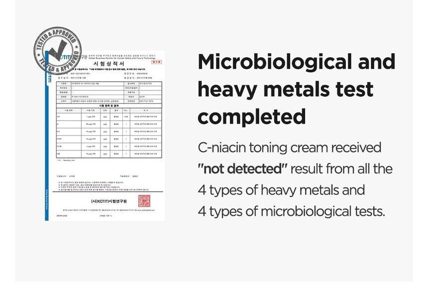 Isntree C-Niacin Toning Cream 50mL microbiology and heavy metal testing