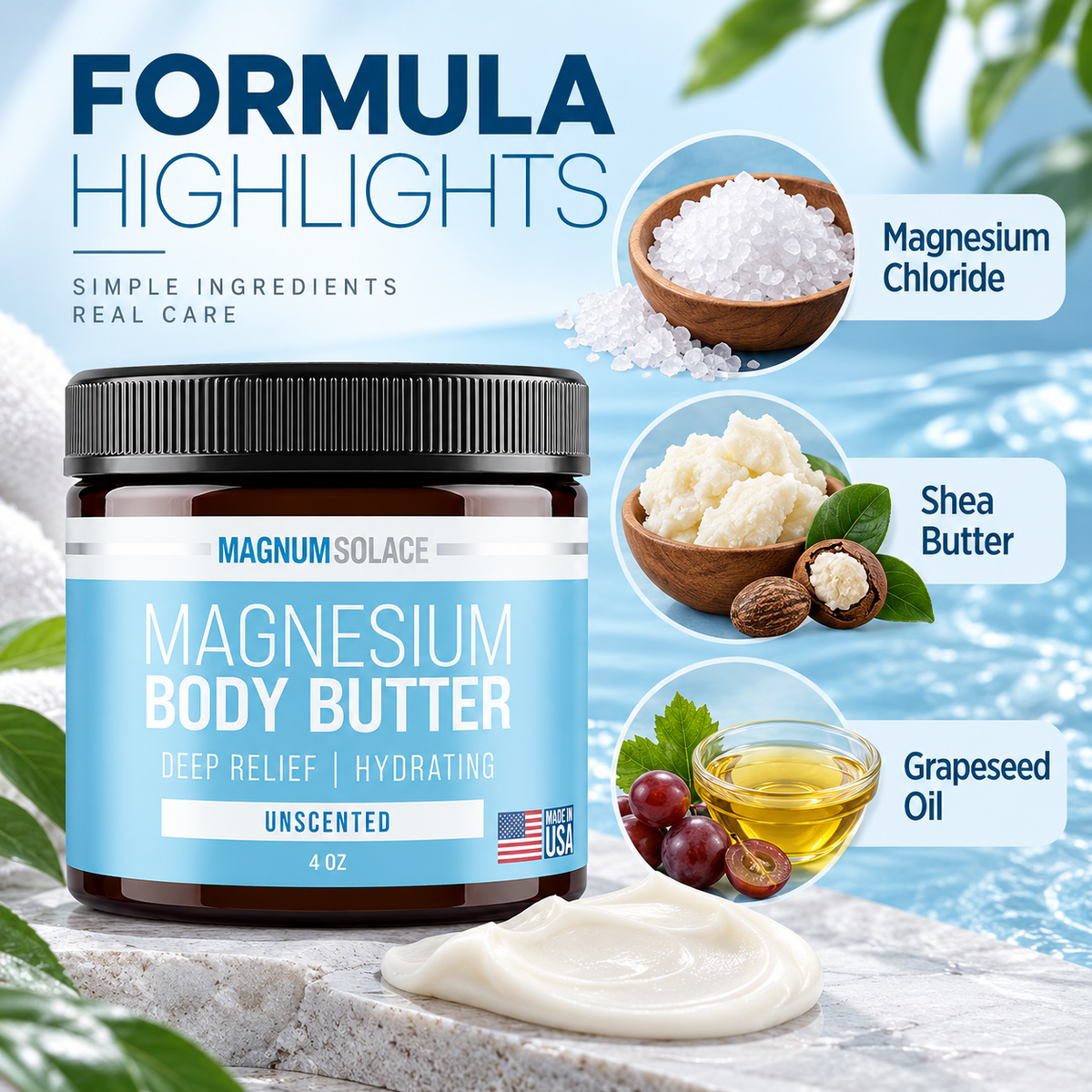 Magnum Solace Unscented Magnesium Body Butter formula highlights