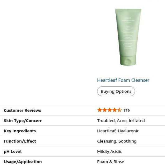 Abib Heartleaf Foam Cleanser Amazon comparison table β skin concerns, ingredients, cleansing, mild acidic pH and foam-and-rinse use