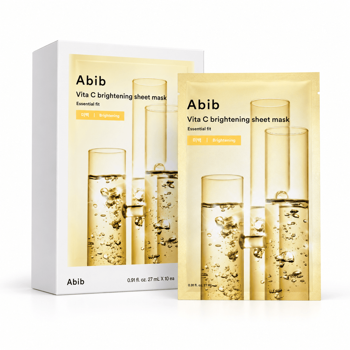 Abib Vita C Brightening Sheet Mask Essential Fit sachet in front of its 10-sheet retail box