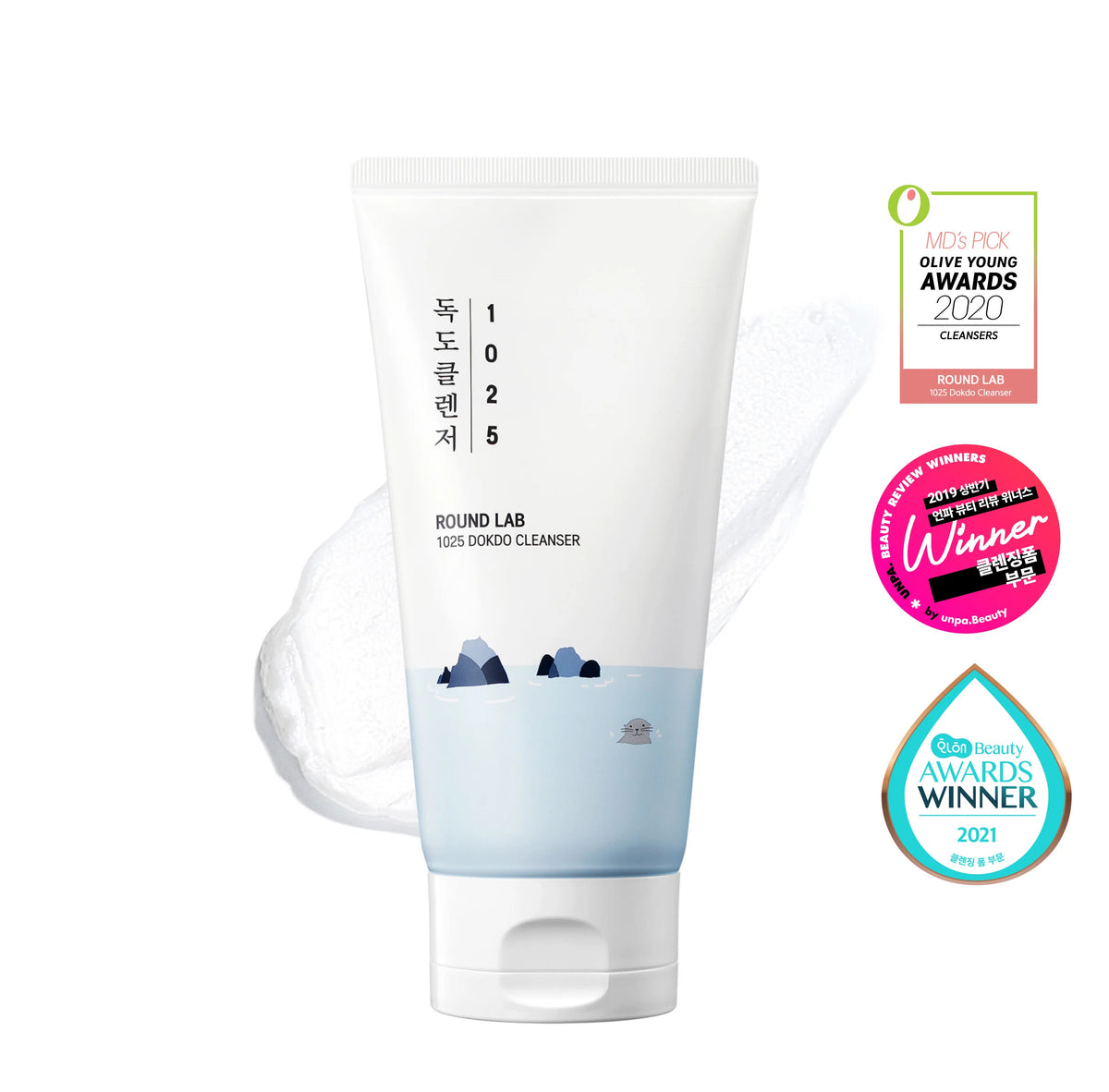 Front view of 1025 Dokdo Cleanser showcasing white tube packaging with foam and three award badges
