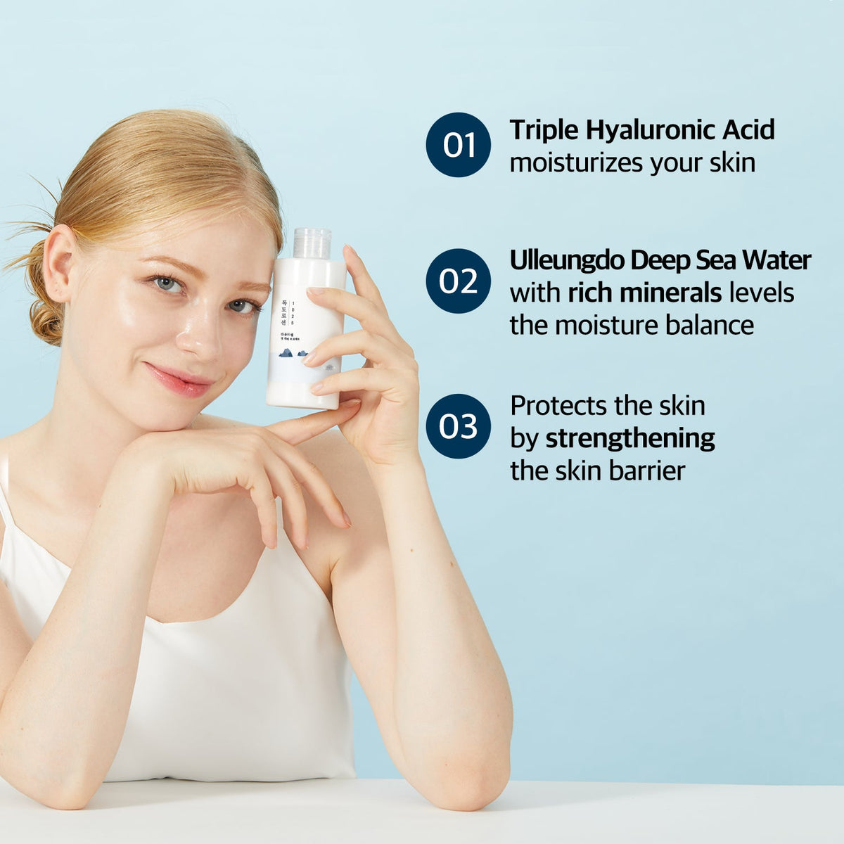 Infographic showing triple hyaluronic acid and Ulleungdo deep sea water moisturize skin and strengthen its barrier