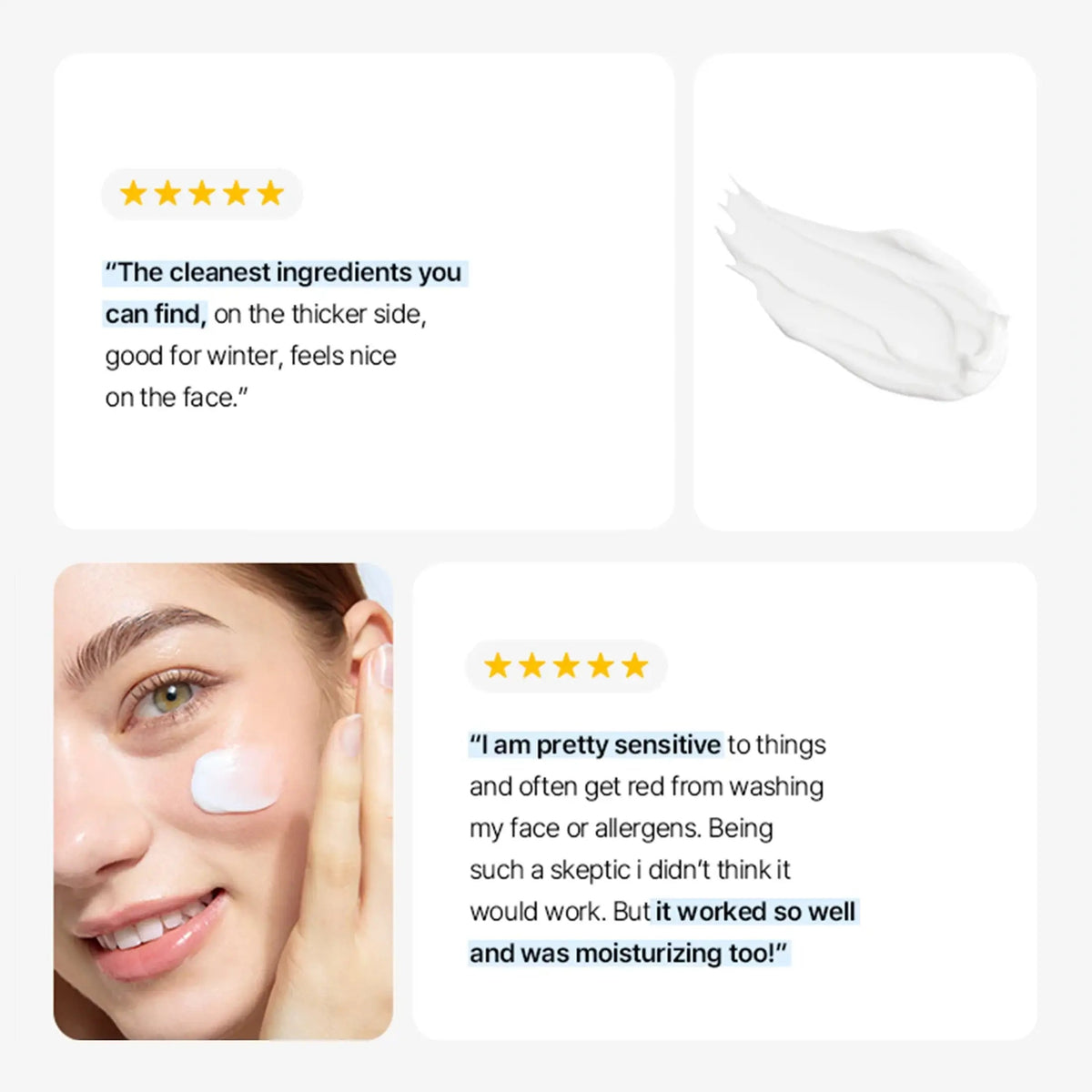 Customer reviews showing 1025 Dokdo Cream is moisturizing and works well for sensitive skin