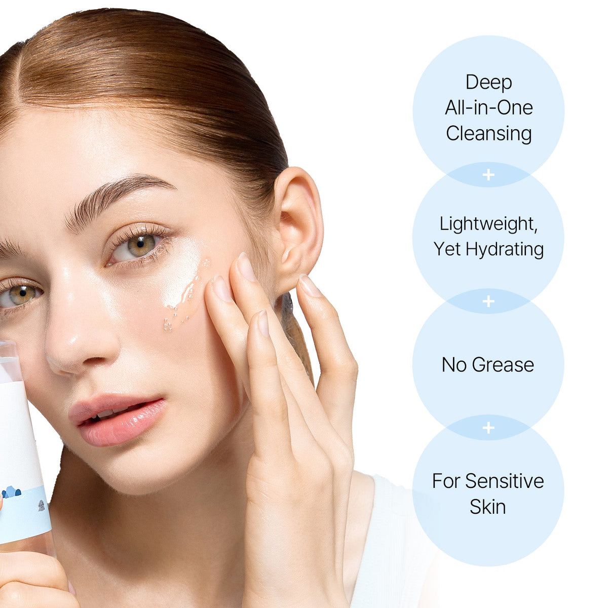Woman applying cleansing oil with text reading Deep All-in-One Cleansing, Lightweight Yet Hydrating, No Grease, For Sensitive Skin