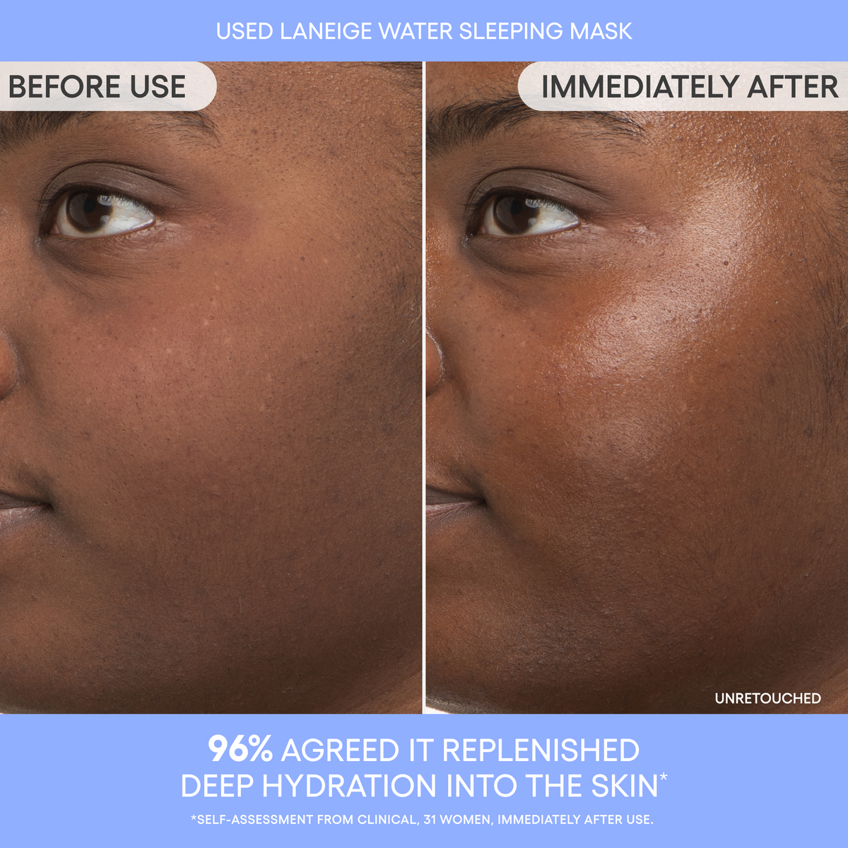 LANEIGE Water Sleeping Mask: Before and immediately after use, with hydration survey footnote