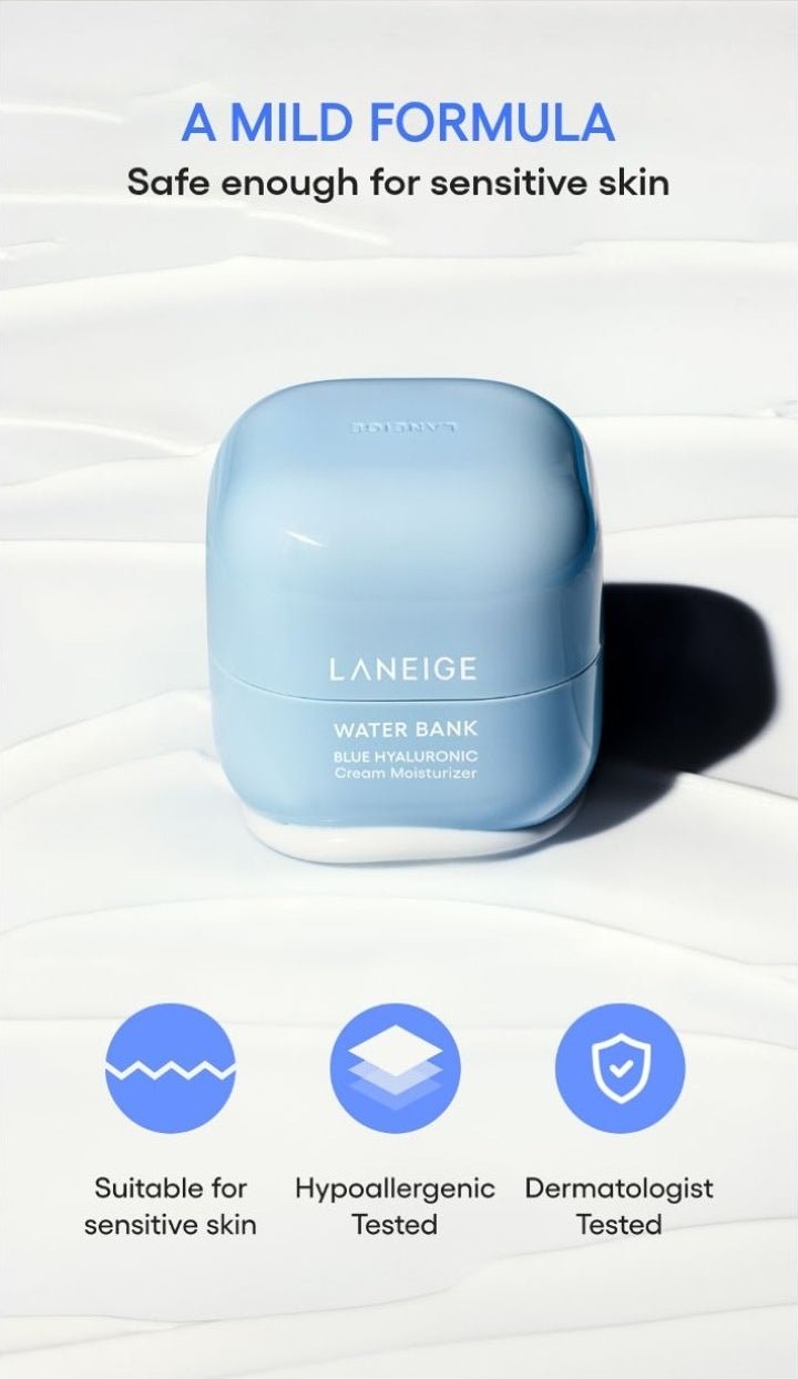 LANEIGE Water Bank Pepta-Panthenol Cream Moisturizer official information: A MILD FORMULA Safe enough for sensitive skin