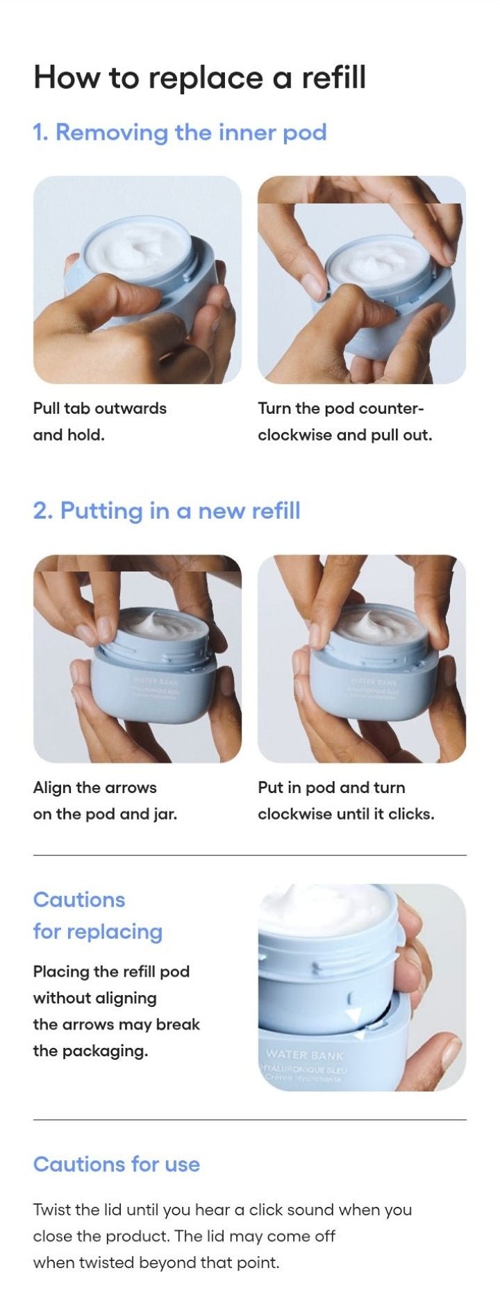 LANEIGE Water Bank Pepta-Panthenol Cream Moisturizer official information: 50 mL refill replacement instructions and package cautions
