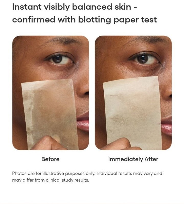 LANEIGE Balance Mode Pore Polishing Peel-Off Mask official panel: Instant visibly balanced skin - confirmed with blotting paper test Before Immediately After Photos are for illustrative purposes only. Individual results may vary and may