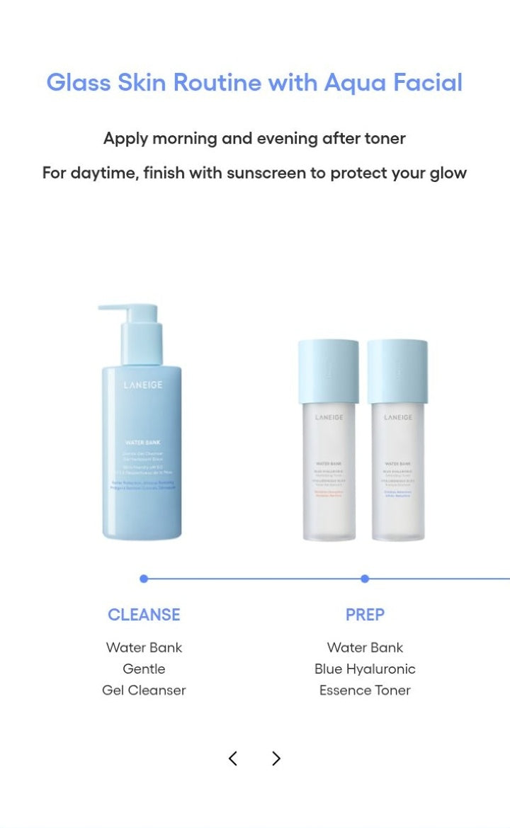 LANEIGE Water Bank Aqua Facial official information panel: Glass skin routine and daytime sunscreen reminder