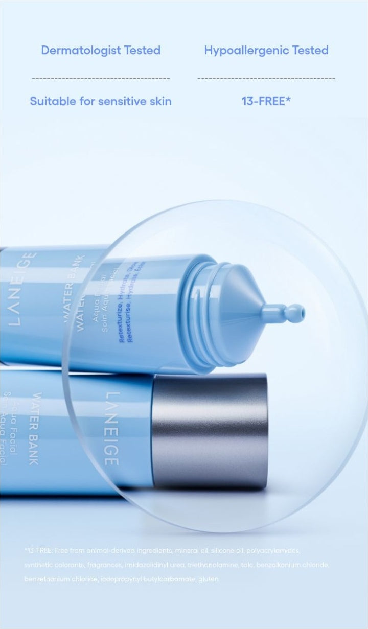 LANEIGE Water Bank Aqua Facial official information panel: Dermatologist and hypoallergenic testing, sensitive-skin suitability and 13-free qualification