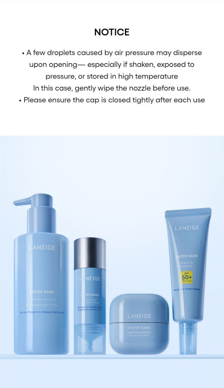 LANEIGE Water Bank Aqua Facial official information panel: Bottle opening and storage notice