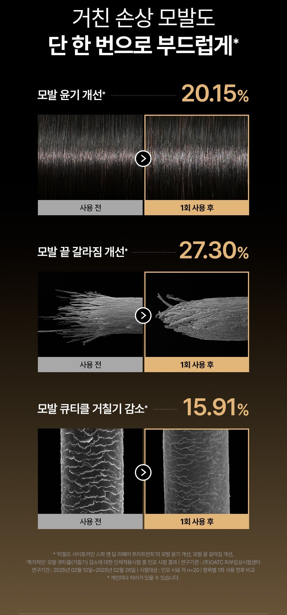 Refilled Treatment hair shine split-end and roughness study with footnote in Korean