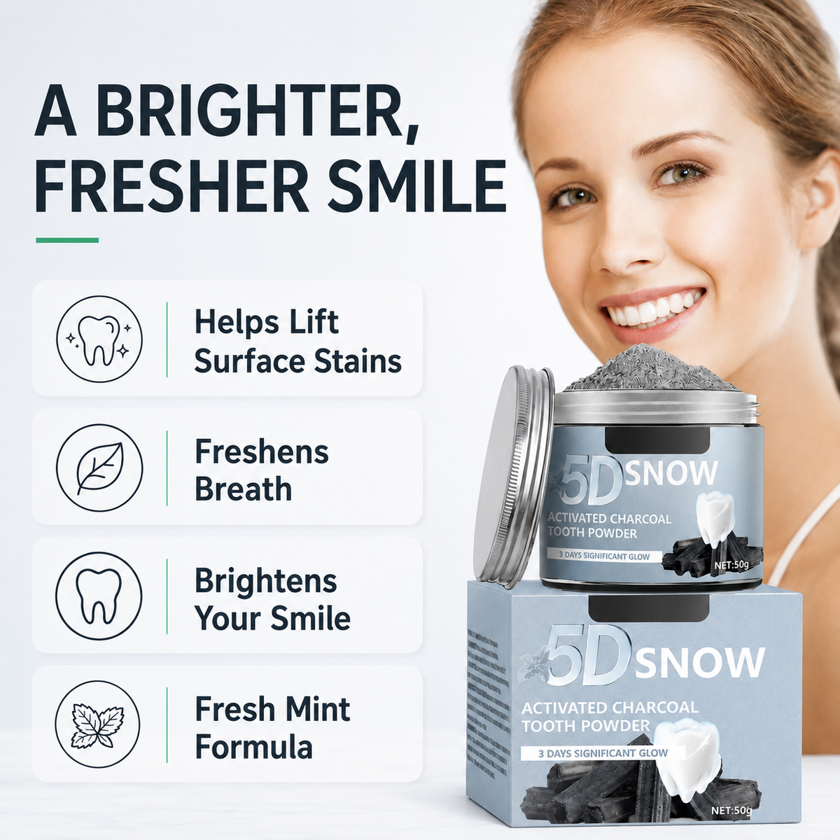 5D Snow Activated Charcoal Teeth Whitening Powder