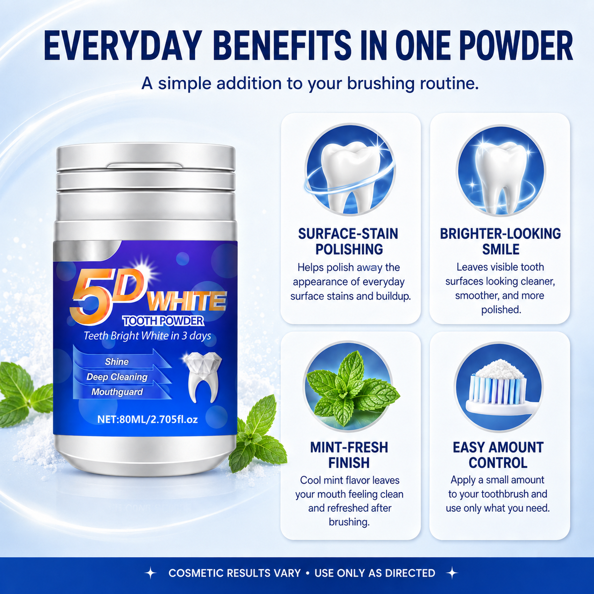 5D White Teeth Whitening Powder - Mint