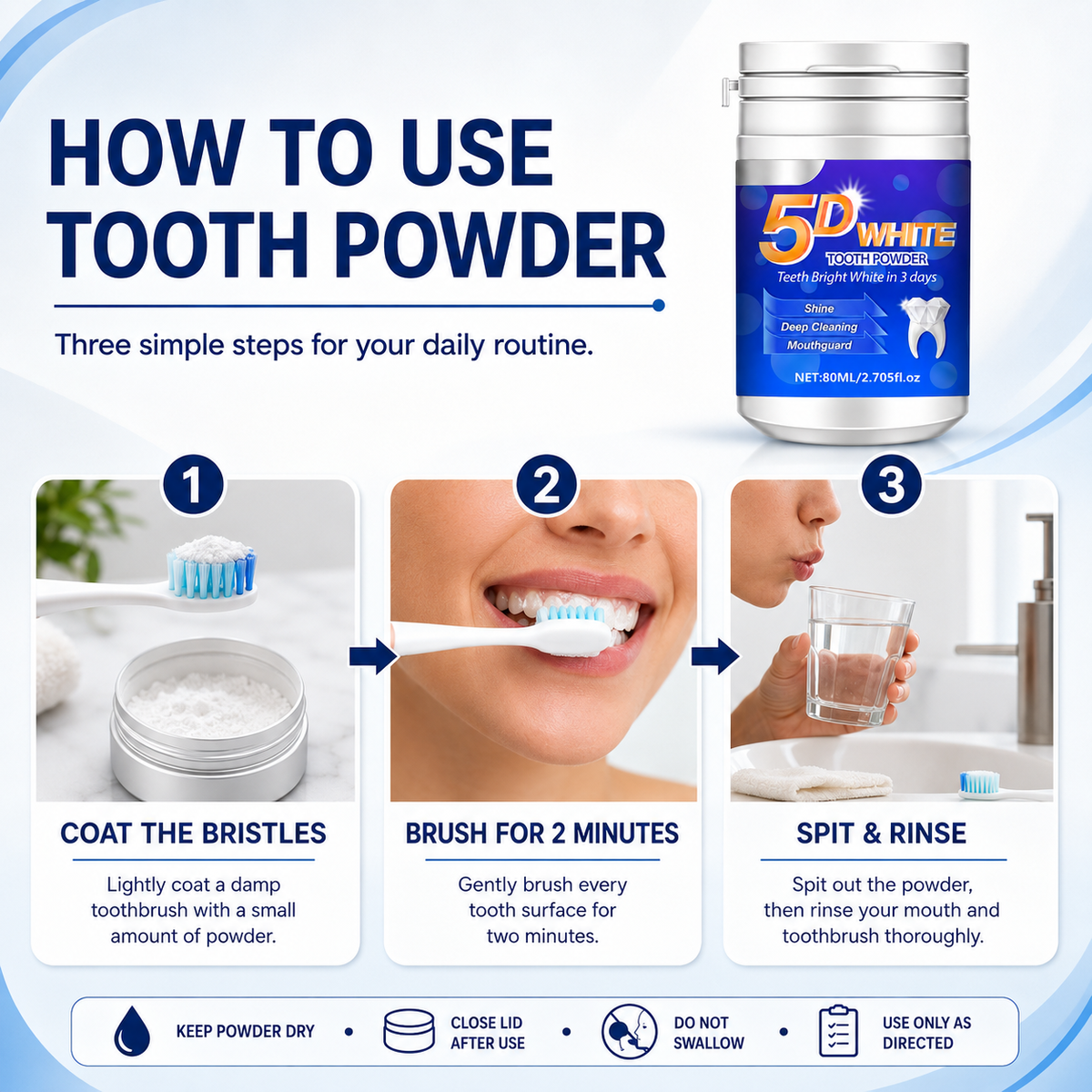 5D White Teeth Whitening Powder - Mint