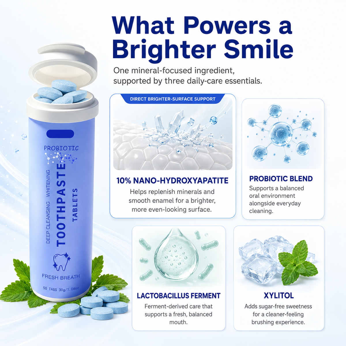Probiotic Toothpaste Tablets with 10% Nano-Hydroxyapatite