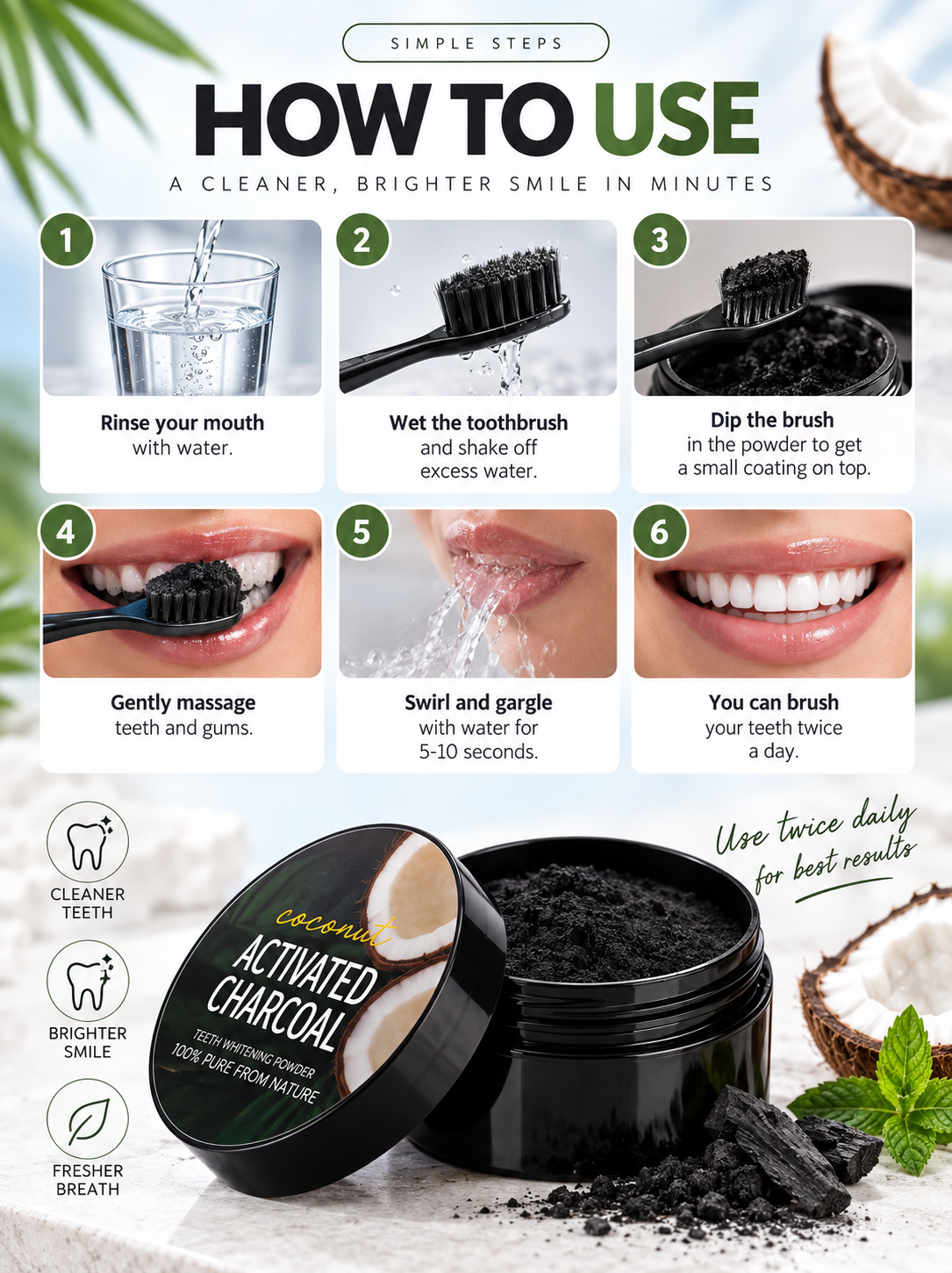 Coconut Activated Charcoal Teeth Whitening Powder