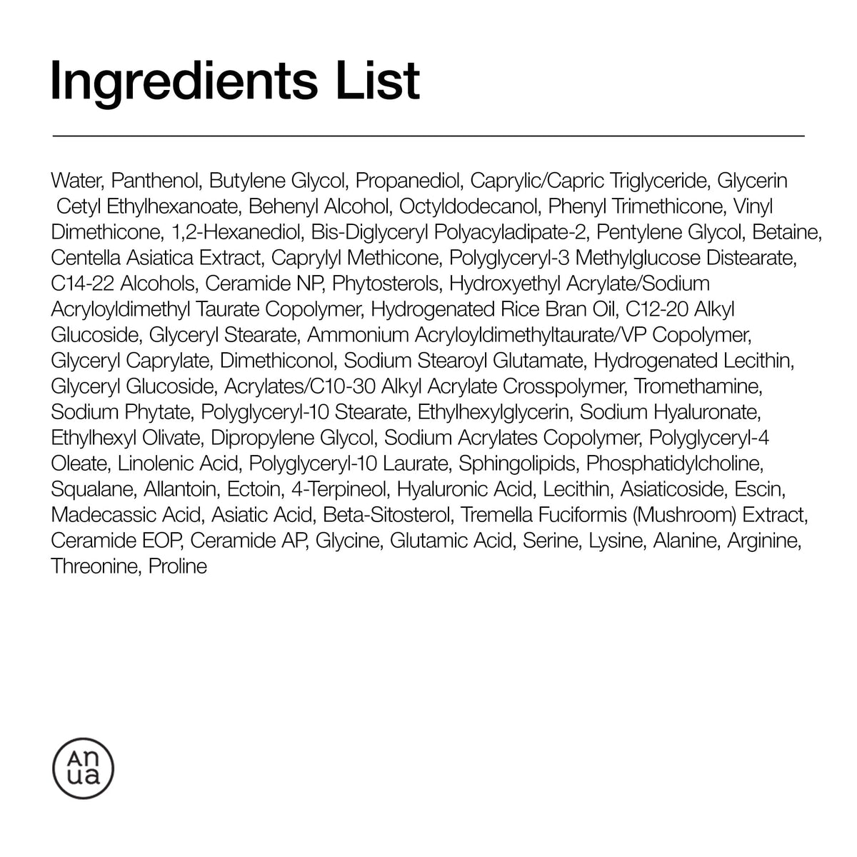 Anua 3 Ceramide Panthenol Moisture Barrier Cream ingredients