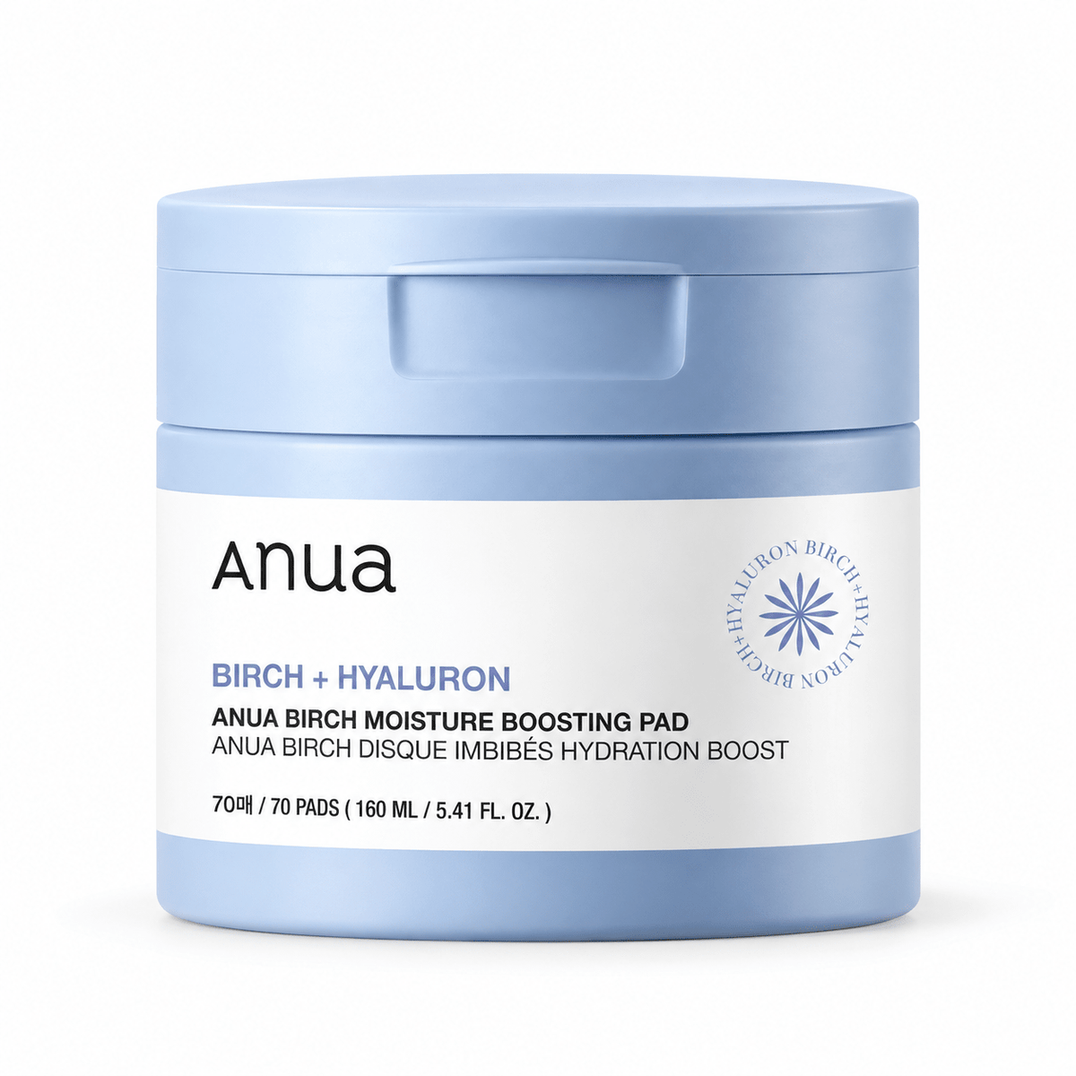 Anua Birch Moisture Boosting Pad 70 pads in powder-blue jar
