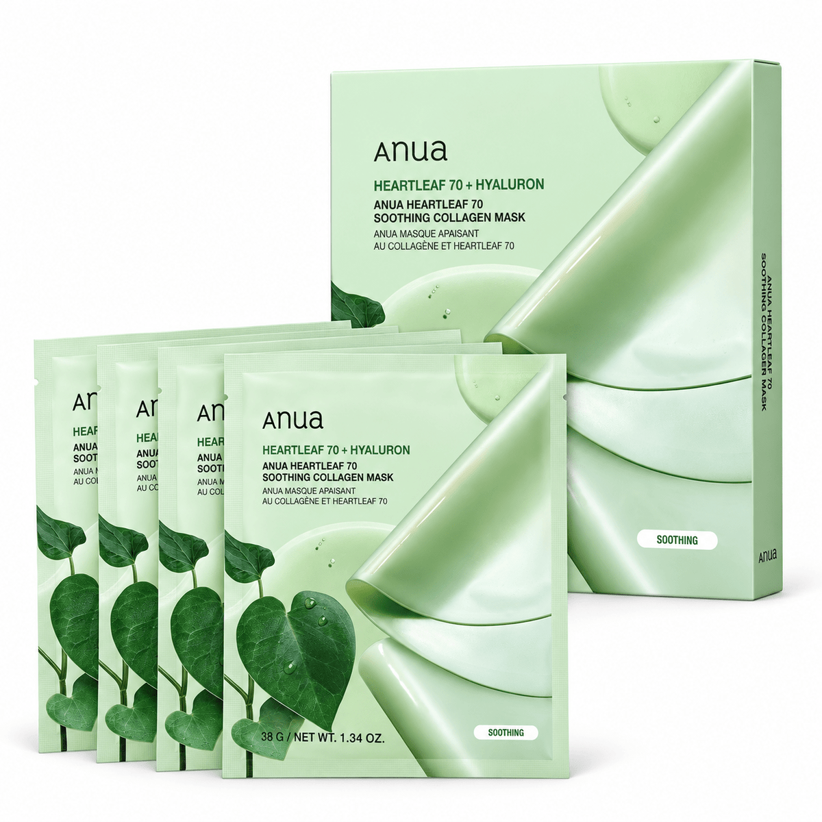 Anua Heartleaf 70 Soothing Collagen Mask box with four 38 g mask sachets