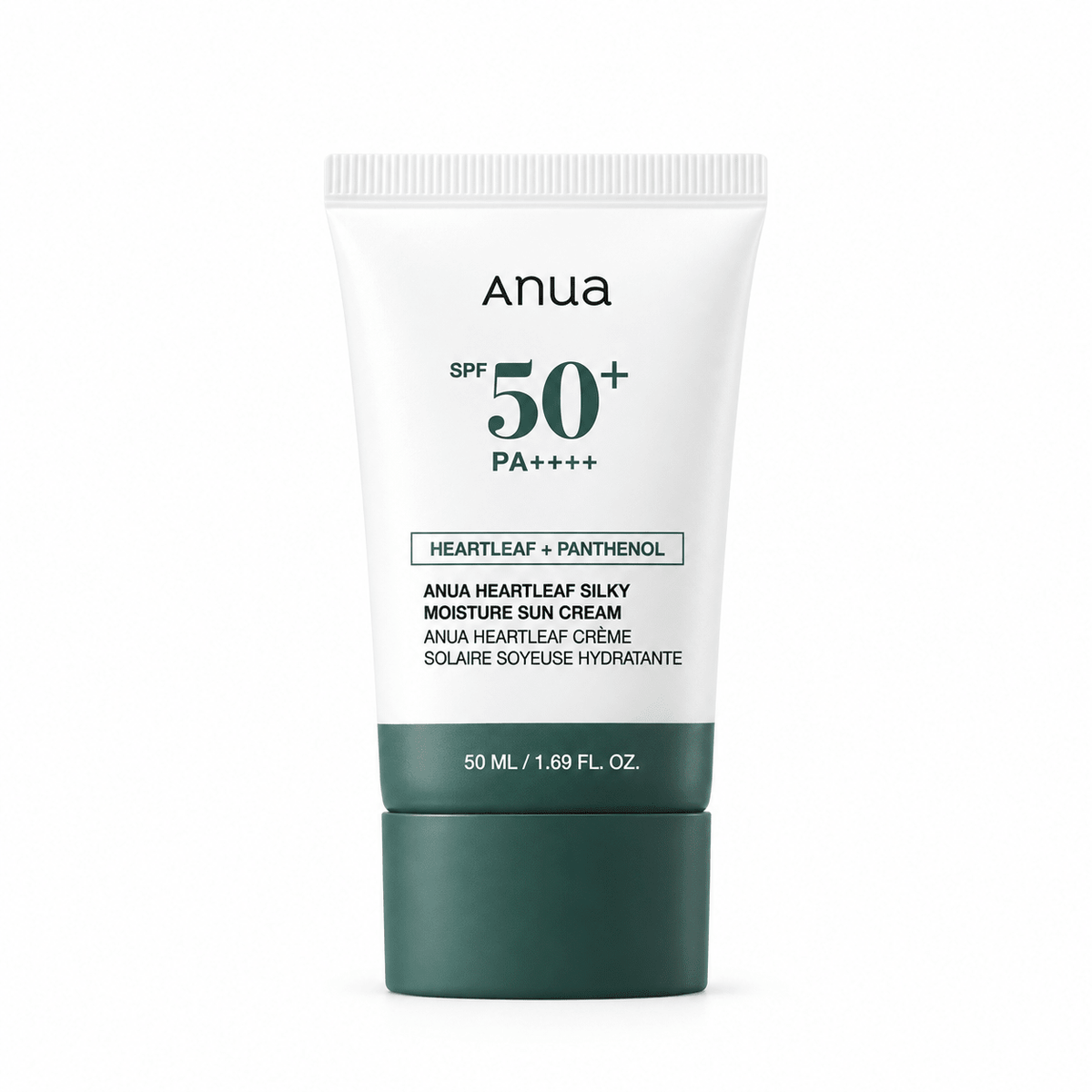 Anua Heartleaf Silky Moisture Sun Cream SPF50+ PA++++ 50ml tube on white