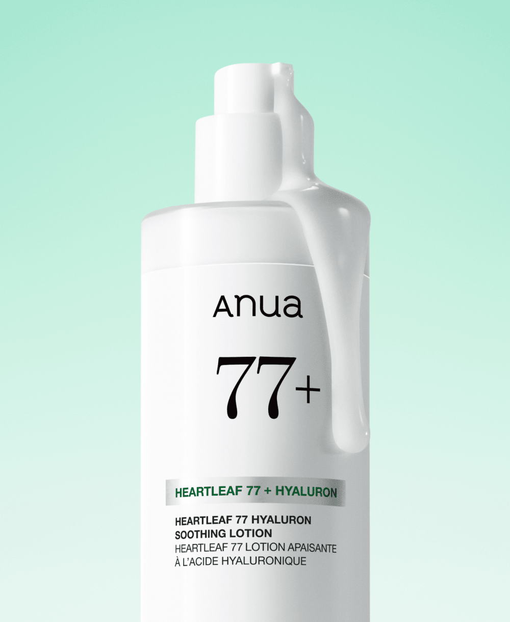 Anua Heartleaf 77 Hyaluron Soothing Lotion bottle and lotion texture