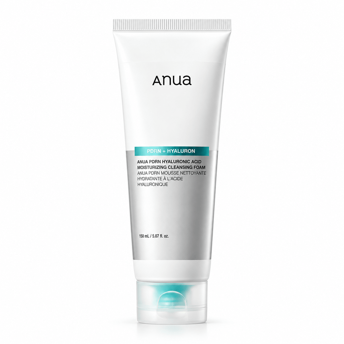 Anua PDRN Hyaluronic Acid Moisturizing Cleansing Foam 150ml tube on a pure white studio background