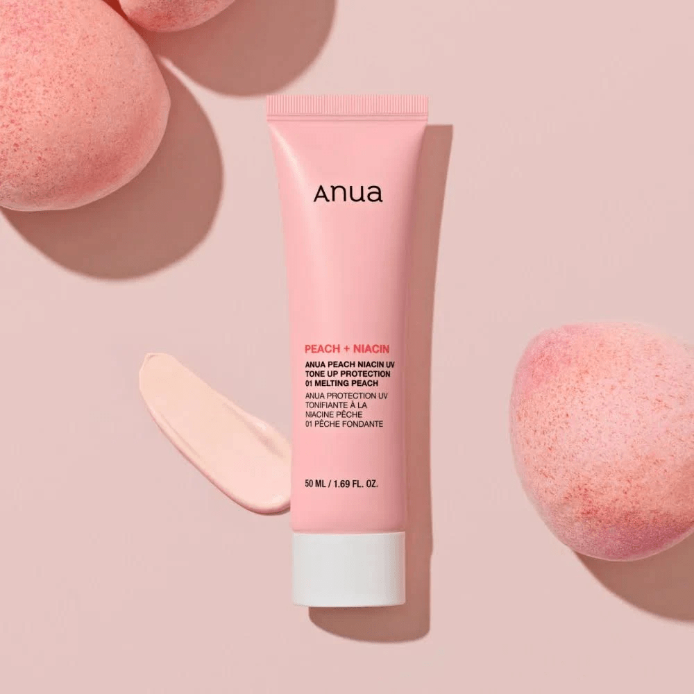 Anua Peach Niacin UV Tone Up Protection 01 Melting Peach 50ml with peaches and cream swatch