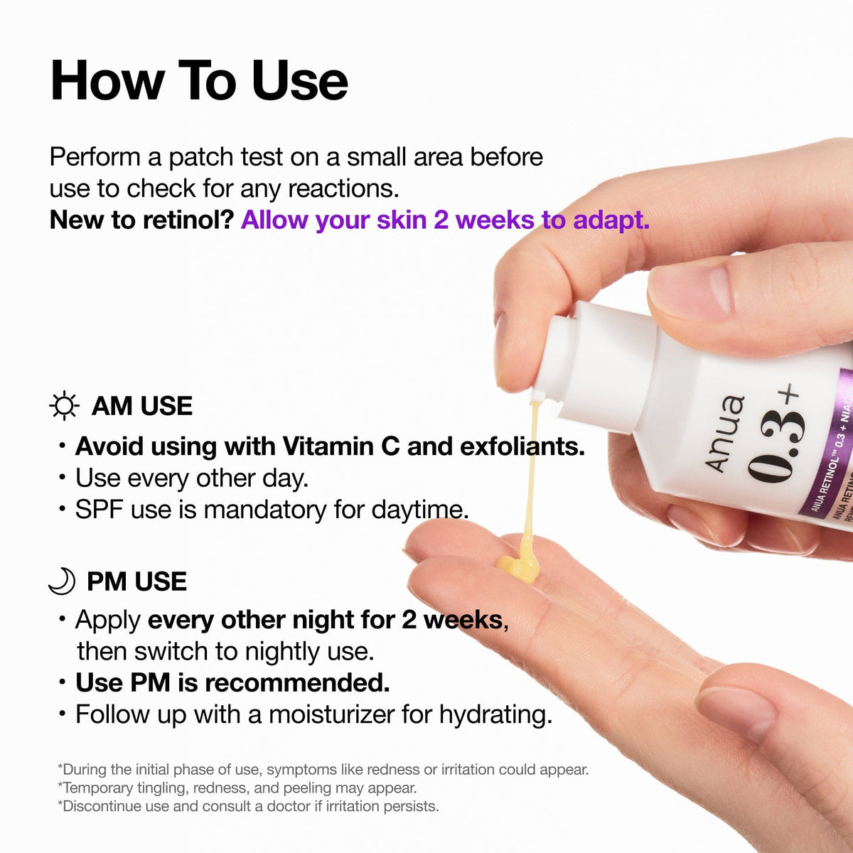 Anua Retinol serum patch testing gradual introduction and SPF directions